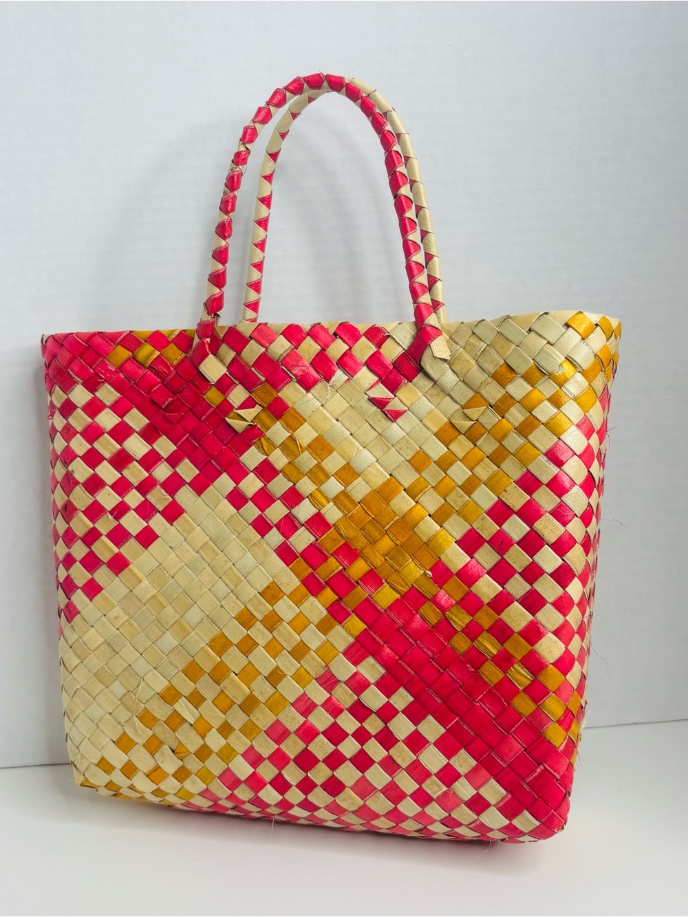 Handwoven Pink & Yellow Woven Tote Bag - Stylish Everyday Carry